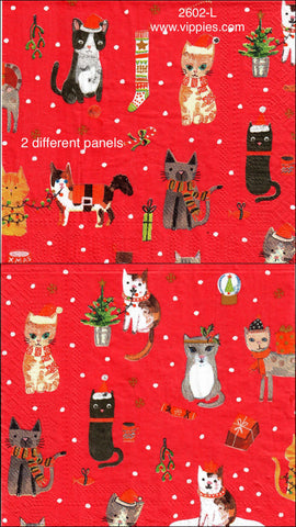 C-2602-L Christmas Cats on Red Napkin for Decoupage
