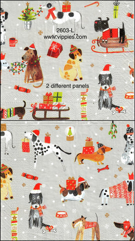 C-2603-L Christmas Dogs on Gray Napkin for Decoupage