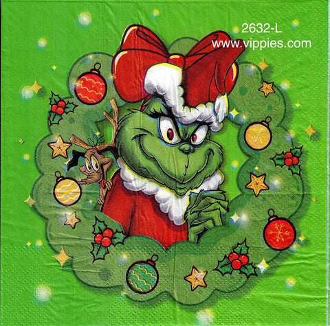 C-2632-L SPECIAL LOW PRICE Grinch Wreath Napkin for Decoupage