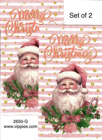 C-2650-G-S SPECIAL LOW PRICE Set of 2 Pink Stripe Santa Hearts Guest Napkin for Decoupage