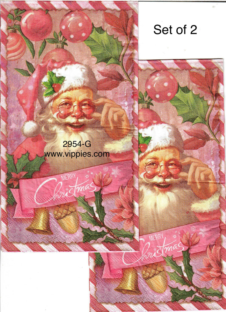 C-2954-G-S Set of 2 Pink Santa Ornaments Guest Napkin for Decoupage