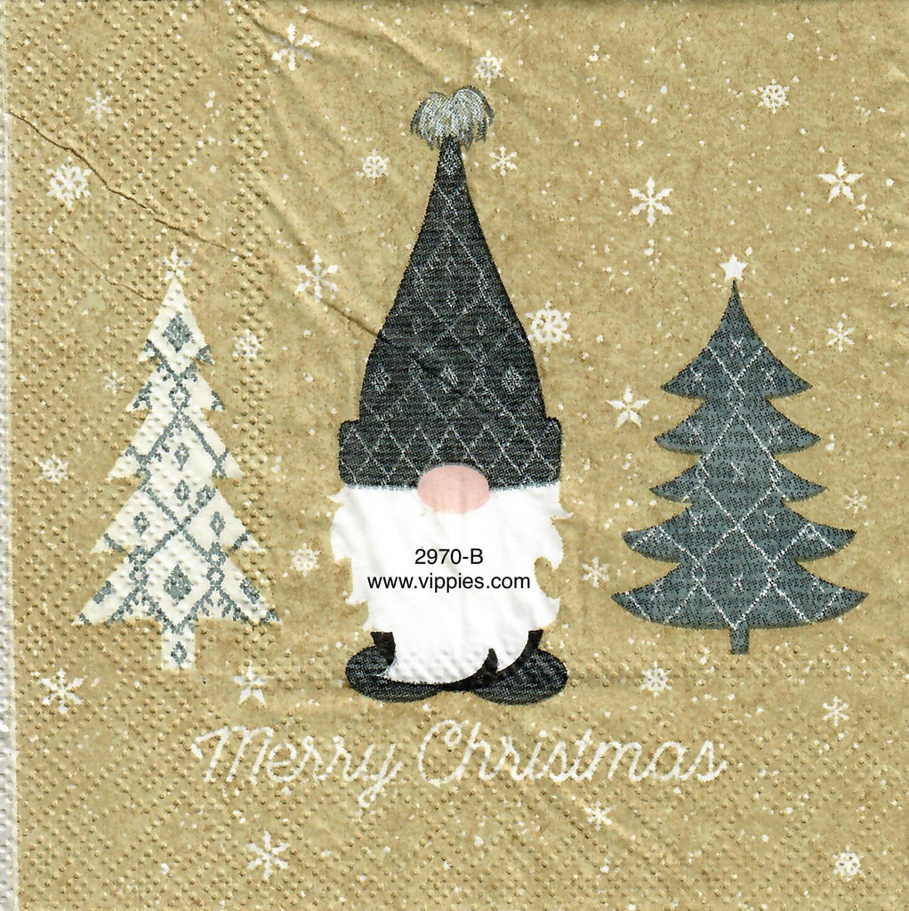 C-2970-B Gold Merry Christmas Gnome Trees Napkin for Decoupage