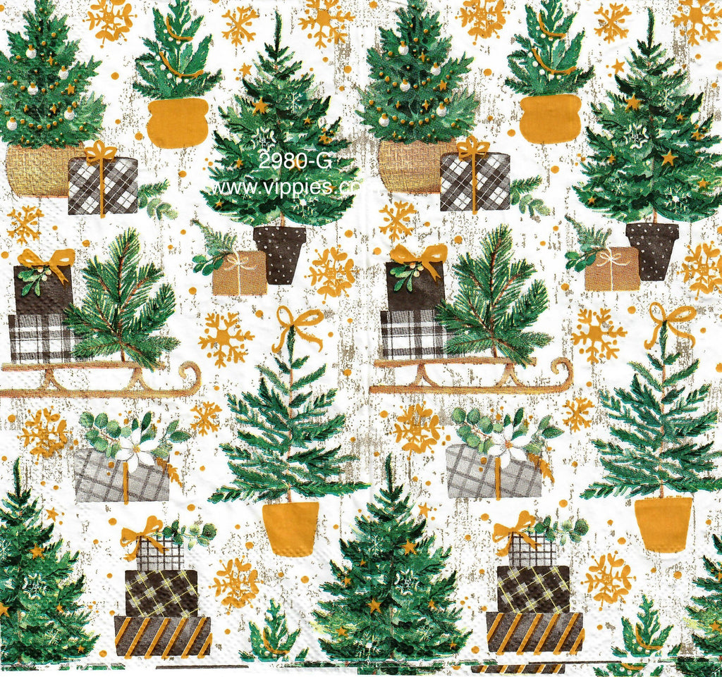 C-2980-G Trees Gifts on Sled Guest Napkin for Decoupage