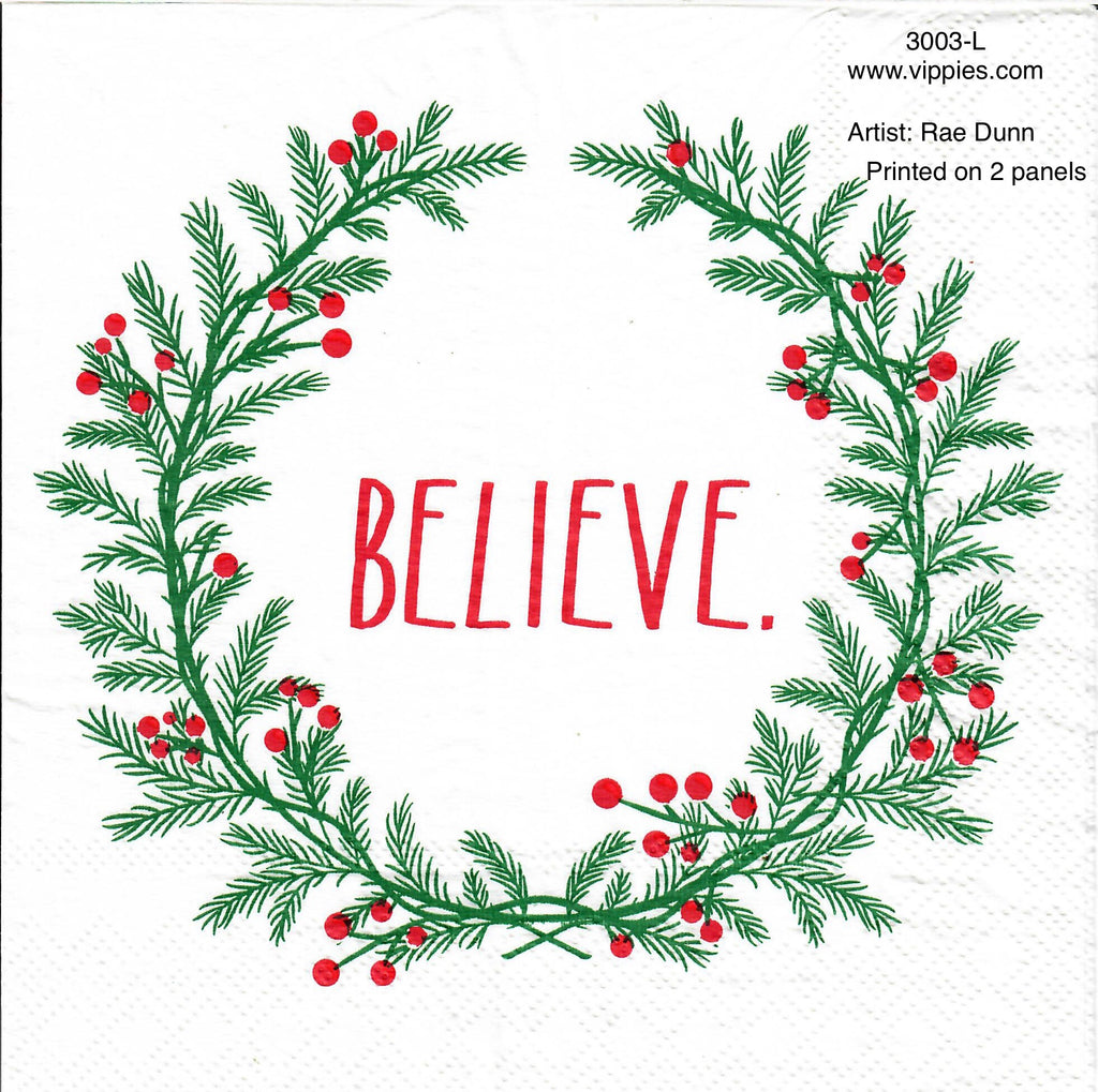 C-3003-L Rae Dunn Pine Wreath Believe Napkin for Decoupage