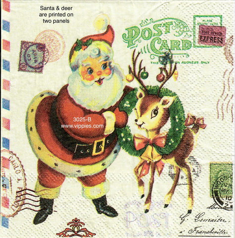 C-3025-B Santa Deer Postcard Napkin for Decoupage