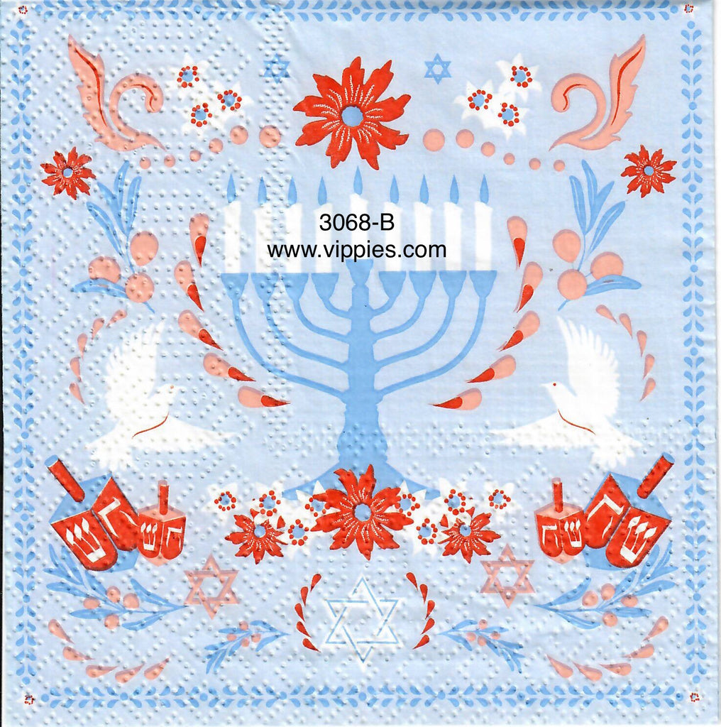 C-3068-B Blue Menorah Flowers Dreidels Napkin for Decoupage