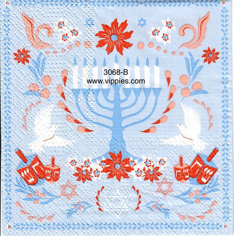 C-3068-B Blue Menorah Flowers Dreidels Napkin for Decoupage