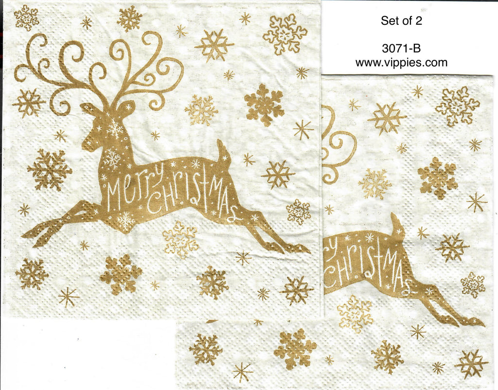 C-3071-B-S Set of 2 Gold Deer Snowflakes Beverage Napkin for Decoupage