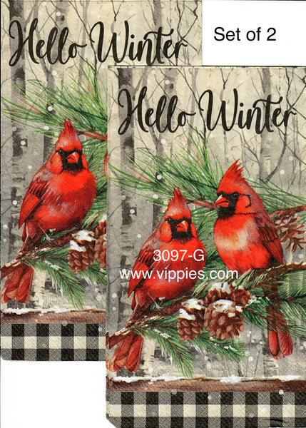 C-3097-G-S Set of 2 Cardinal Pair Hello Winter Guest Napkin for Decoupage