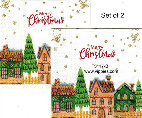 C-3117-B-S Set of 2 Merry Christmas Houses Trees Beverage Napkin for Decoupage