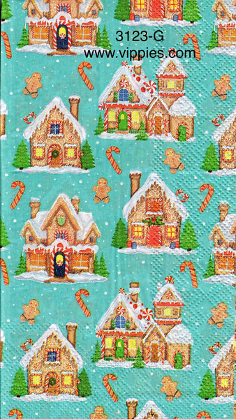 C-3123-G Gingerbread Houses Turquoise Guest Napkin for Decoupage