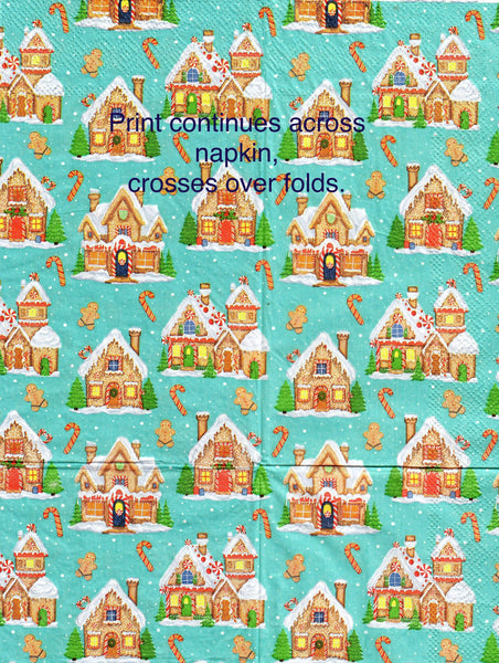 C-3123-G Gingerbread Houses Turquoise Guest Napkin for Decoupage