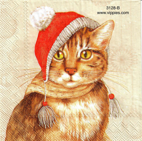 C-3128-B Cat with Santa Hat Napkin for Decoupage