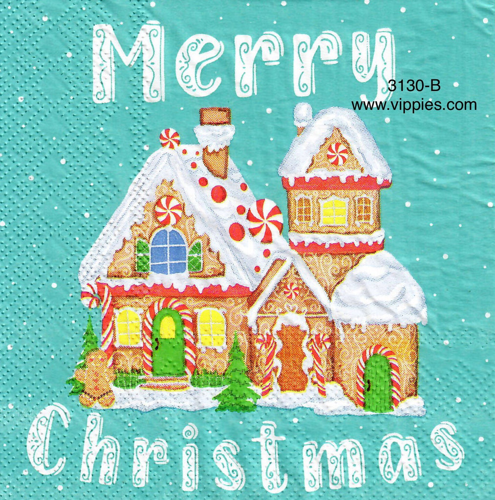 C-3130-B Merry Christmas Gingerbread House Turquoise Napkin for Decoupage