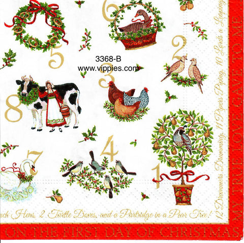 C-3368-B-S Set of 2 Twelve Days of Christmas Beverage Napkin LIMIT 2 SETS