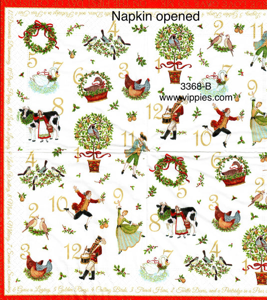 C-3368-B-S Set of 2 Twelve Days of Christmas Beverage Napkin LIMIT 2 SETS