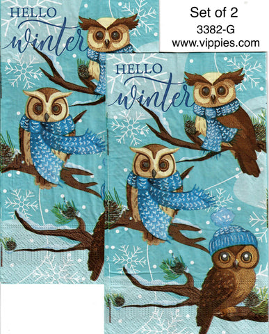 C-3382-G-S Set of 2 Hello Winter Owls Guest Napkin for Decoupage