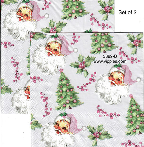 C-3389-B-S Set of 2 Pink Santas Trees Berries Beverage Napkin for Decoupage