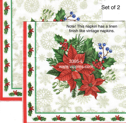 C-3395-L-S Set of 2 Poinsettia Border Luncheon Napkin for Decoupage