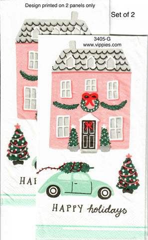 C-3405-G-S Set of 2 Pink House w VW Guest Napkin for Decoupage