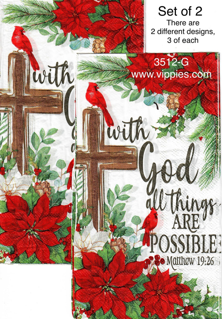 C-3512-G-S Set of 2 With God Cross Poinsettia Guest Napkin for Decoupage