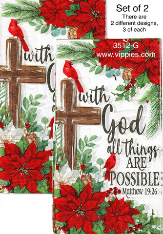 C-3512-G-S Set of 2 With God Cross Poinsettia Guest Napkin for Decoupage