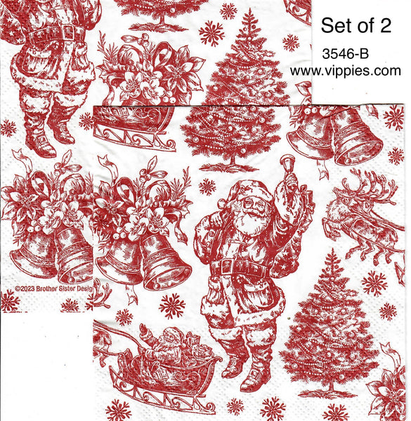 C-3546-B-S Set of 2 Vintage Red Christmas Print Beverage Napkin