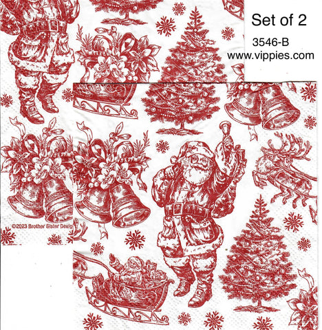 C-3546-B-S Set of 2 Vintage Red Christmas Print Beverage Napkin