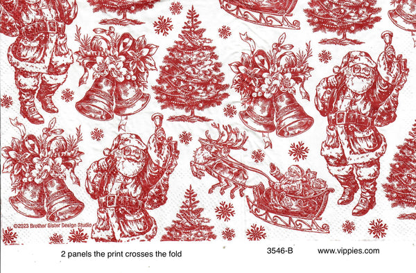 C-3546-B-S Set of 2 Vintage Red Christmas Print Beverage Napkin