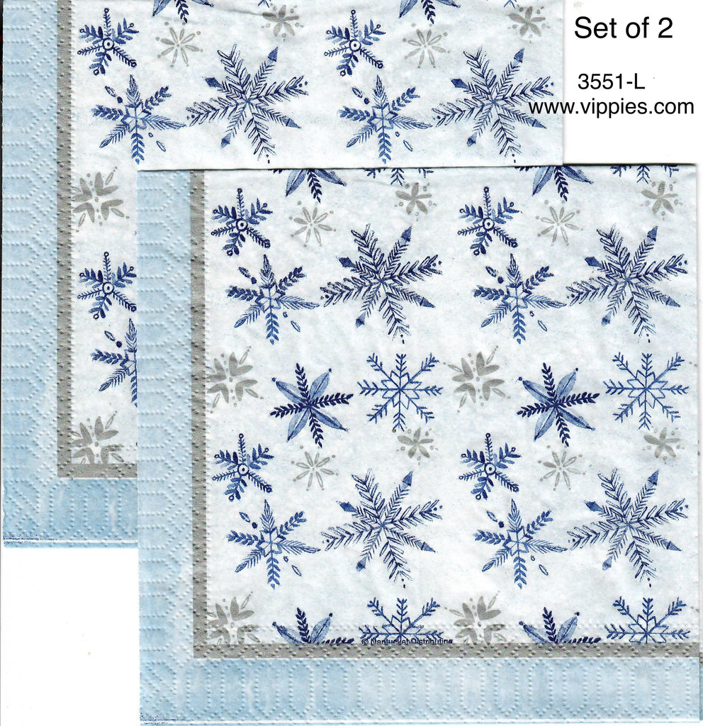 C-3551-L-S Set of 2 Blue Snowflakes Blue Border Luncheon Napkin for Decoupage
