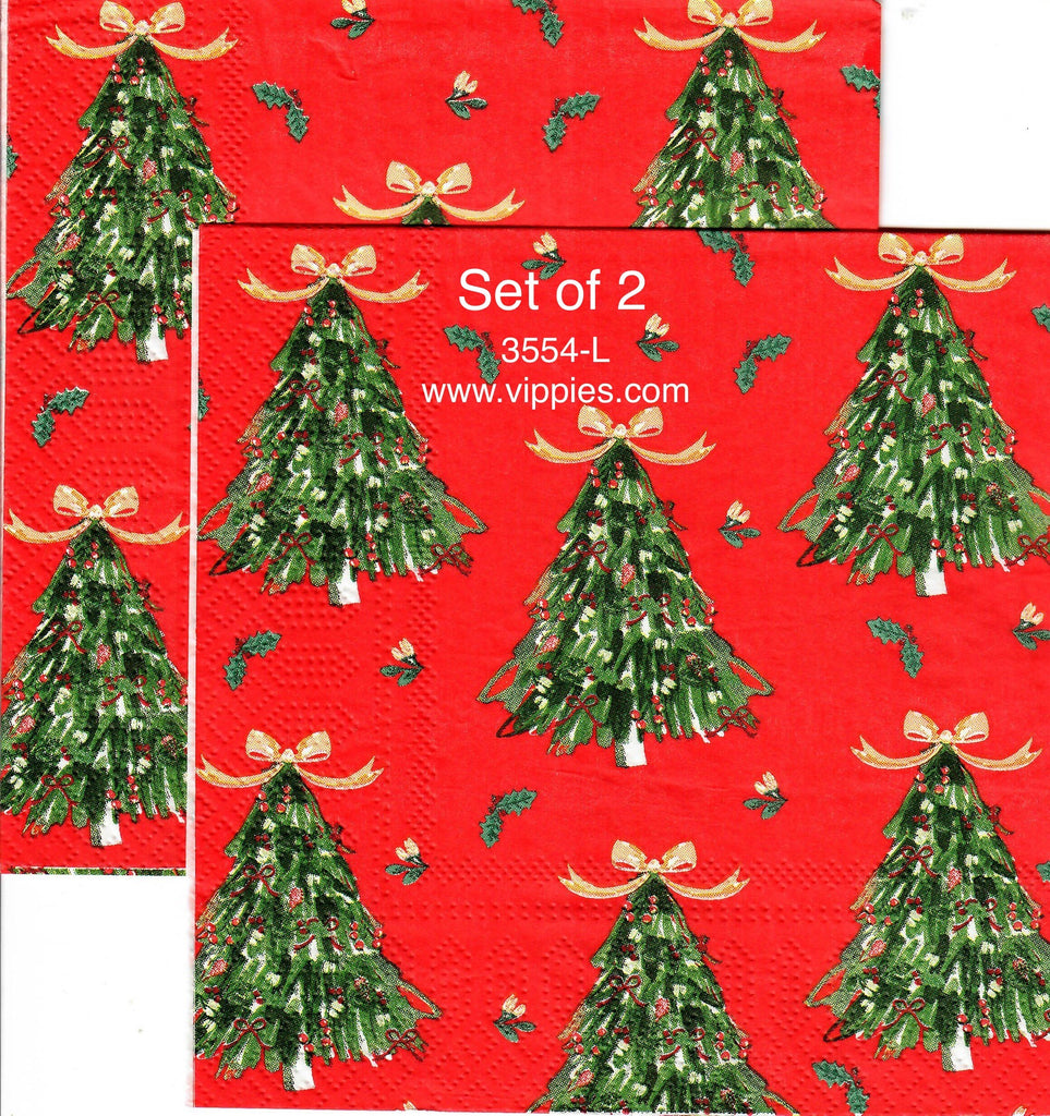 C-3554-L-S Set of 2 Christmas Trees on Red Luncheon Napkin for Decoupage