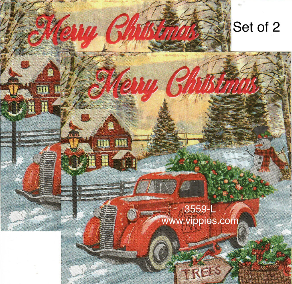 C-3559-L-S Set of 2 Red Truck Trees Luncheon Napkin for Decoupage