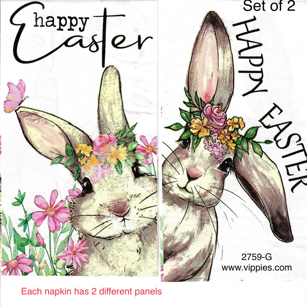 EAST-2759-G-S Set of 2 Bunny Side Peek Happy Easter Guest Napkins for Decoupage