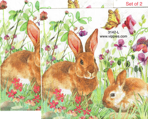 EAST-3142-L-S Set of 2 Bunnies Butterflies Grass Napkins for Decoupage