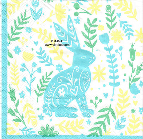 EAST-3145-B Large Blue Bunny Ferns Napkin for Decoupage