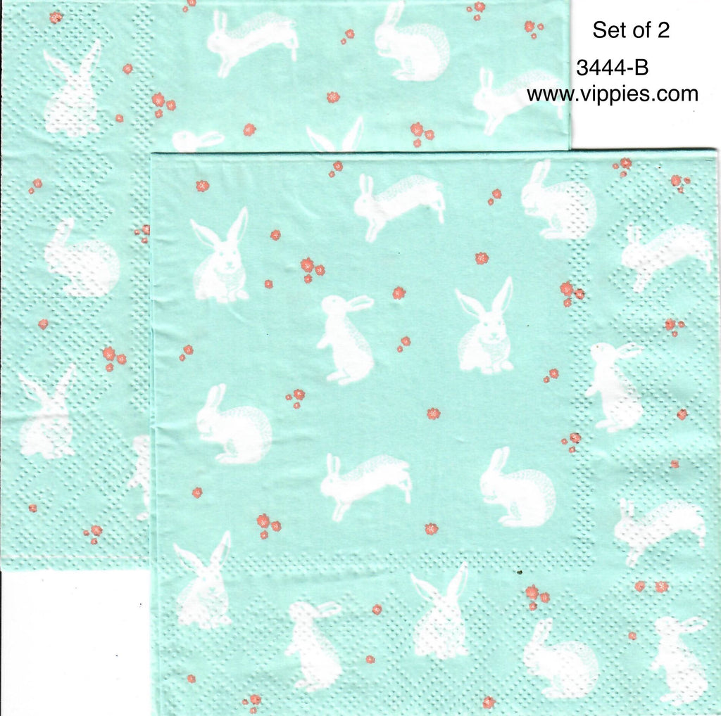 EAST-3444-B-S Set of 2 White Bunnies on Blue Napkin for Decoupage