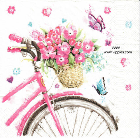 FL-2385-Pink Bicycle Flowers Napkin for Decoupage