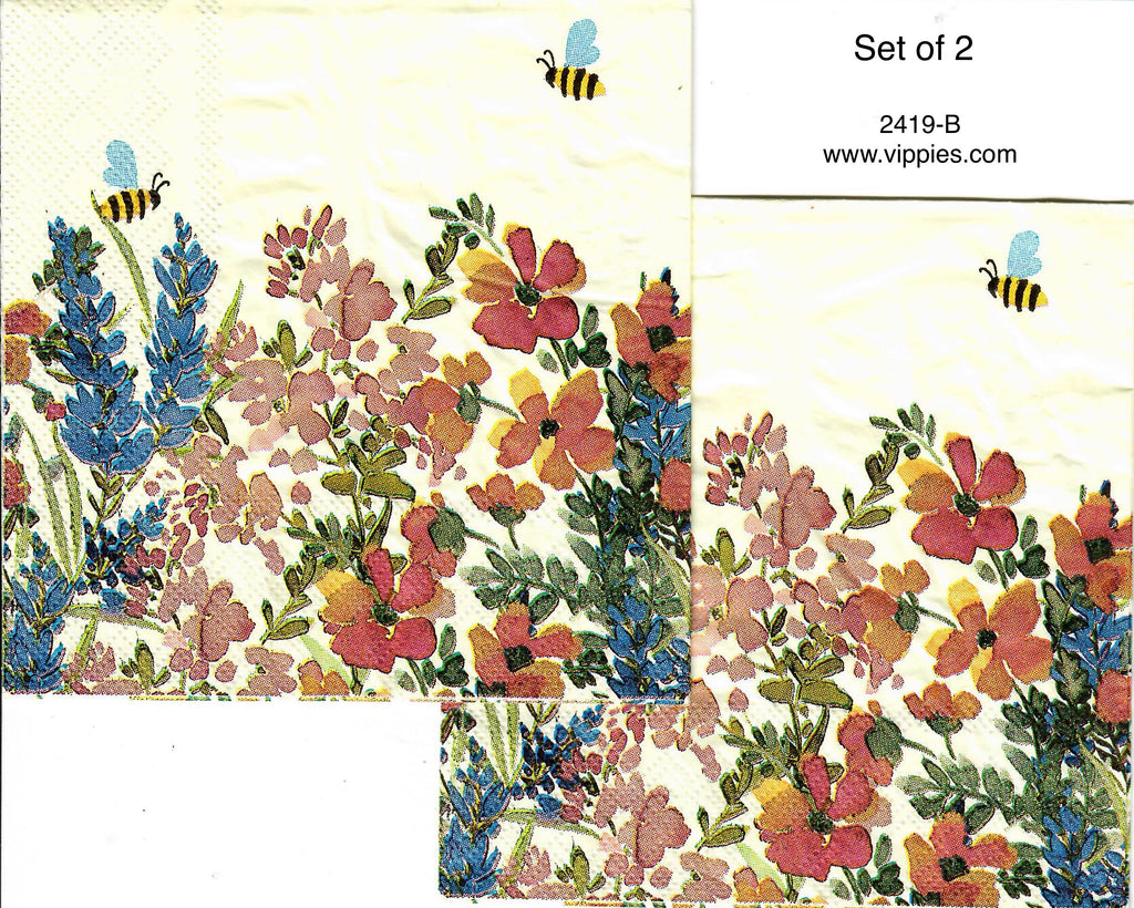 FL-2419-B-S Set of 2 Watercolor Garden Bees Beverage Napkins for