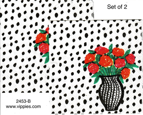FL-2453-B-S Set of 2 Red Floral Vase Dots Napkins for Decoupage