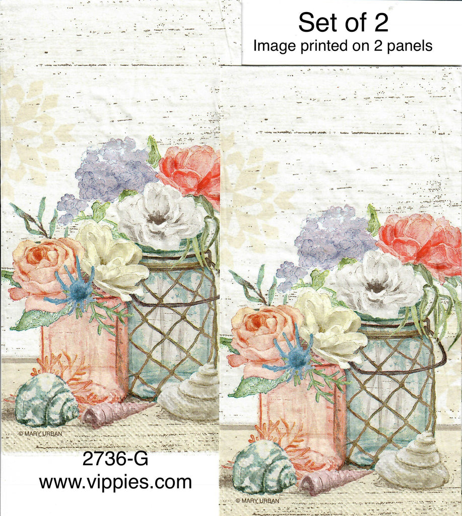 FL-2736-G-S Set of 2 Floral Mason Jar Napkins for Decoupage