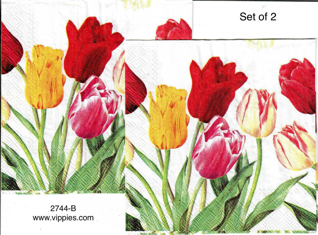 FL-2744-B-S Set of 2 Red Yellow Tulip Garden Napkins for Decoupage