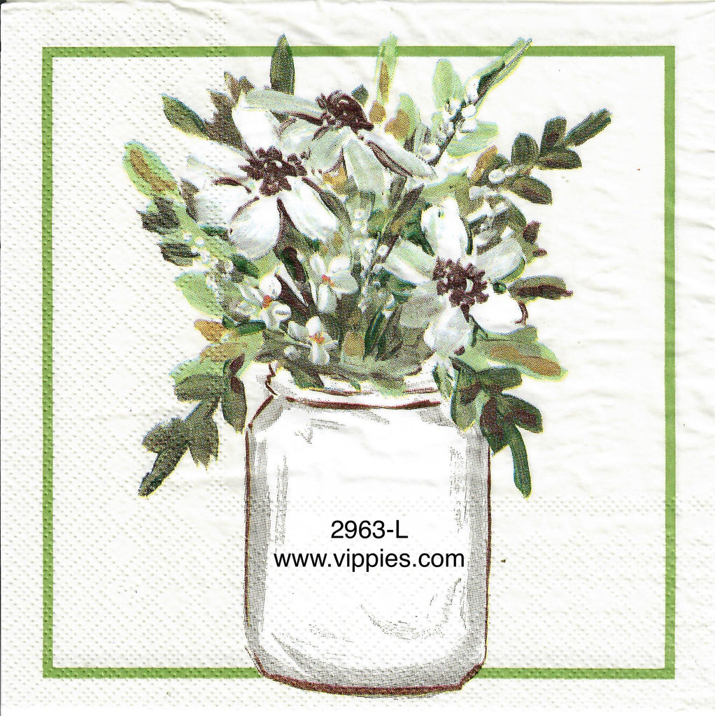 C-2963-L Glass Jar White Flowers Napkin for Decoupage