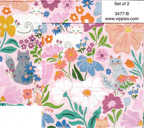 FL-3477-B-S Set of 2 Floral Cats Napkins for Decoupage