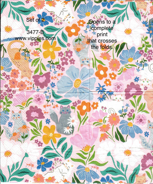FL-3477-B-S Set of 2 Floral Cats Napkins for Decoupage