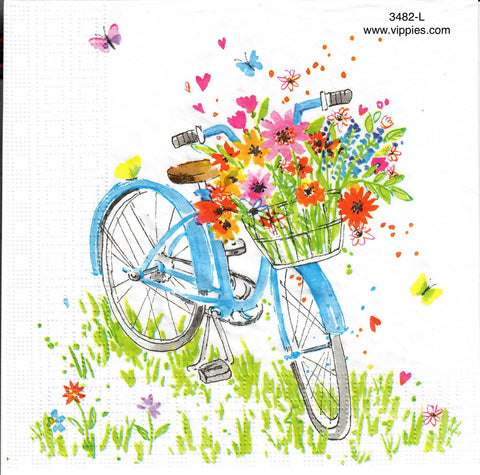 FL-3482-L Blue Bike Flowers Napkin for Decoupage