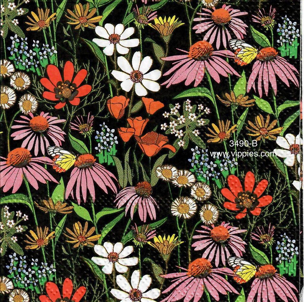 FL-3490-B Floral on Black Napkin for Decoupage