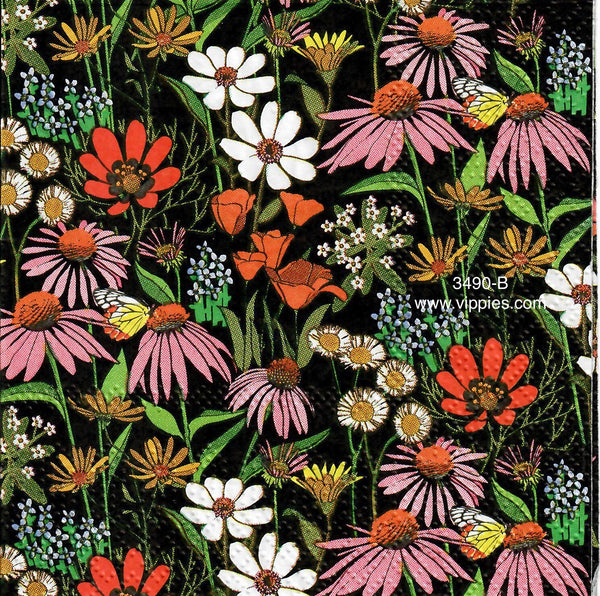 FL-3490-B Floral on Black Napkin for Decoupage