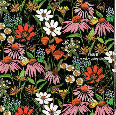 FL-3490-B Floral on Black Napkin for Decoupage