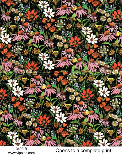 FL-3490-B Floral on Black Napkin for Decoupage