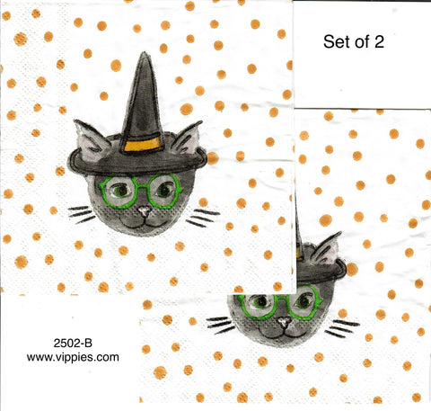 HWN-2502-B-S Set of 2 Cat Witch Dots Napkins for Decoupage